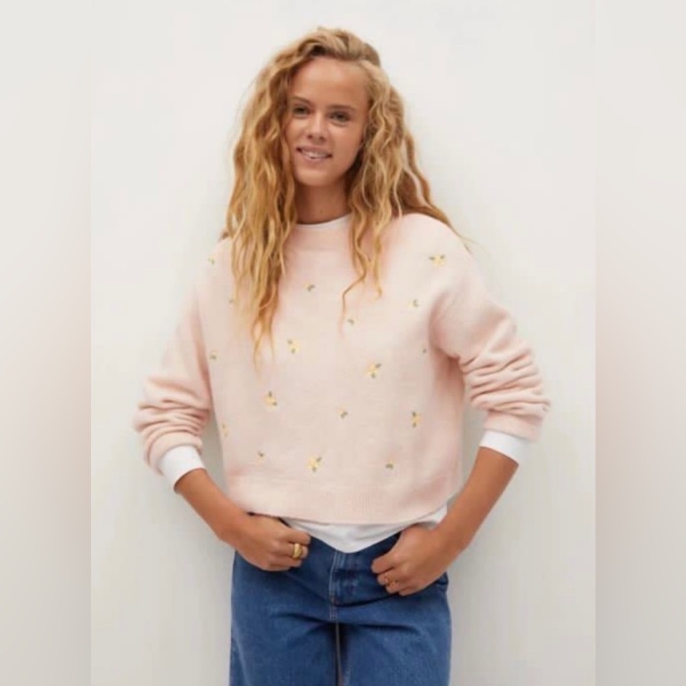Mango Embroidered Pink Margarit Sweater